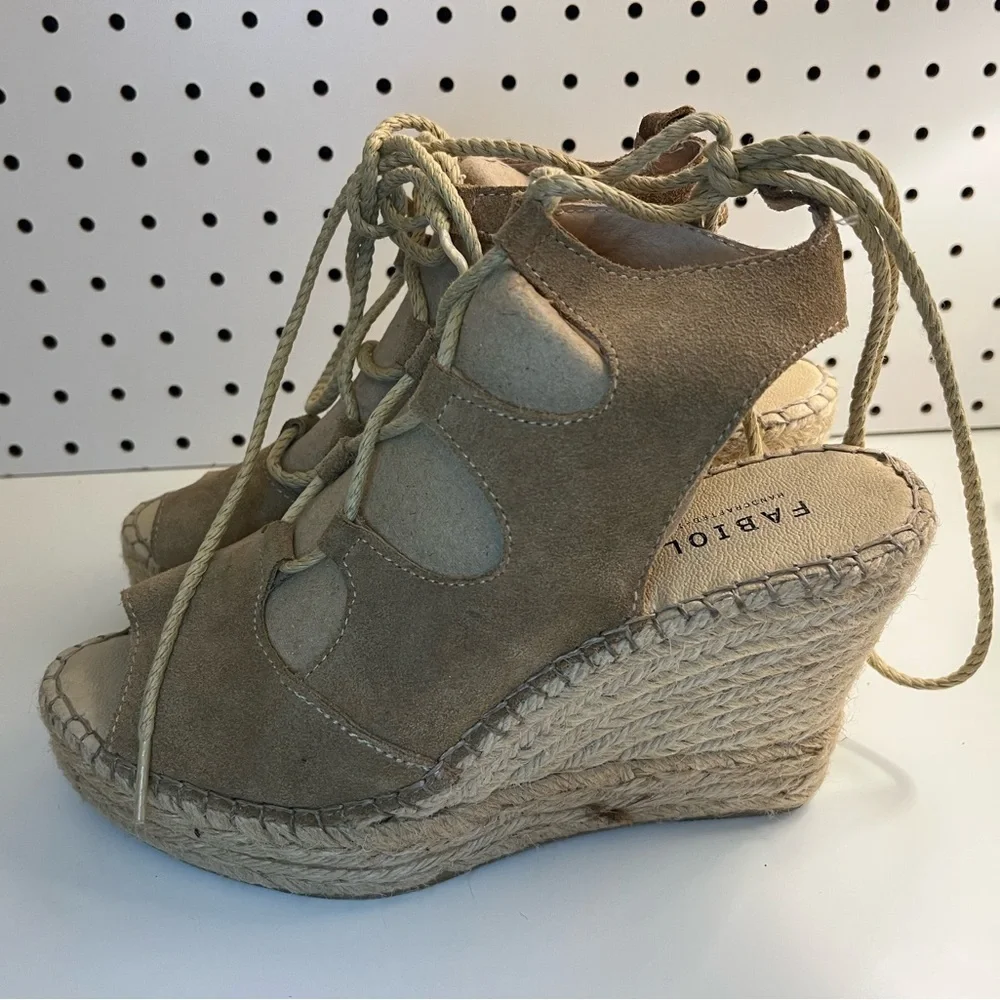 Fabiolas Tan Lace Up Cut Out Wedge Leather Espadrille Sandals